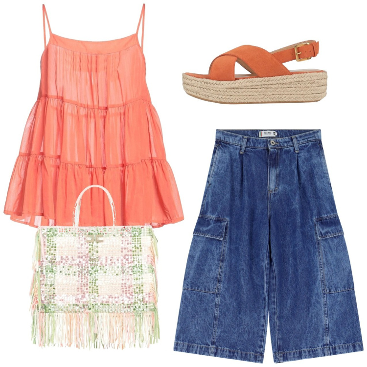 Outfit donna - Balze orange. Stile Casual chic per Tutti i giorni. Abbinamento con borse a mano, espadrillas, top, bermuda.