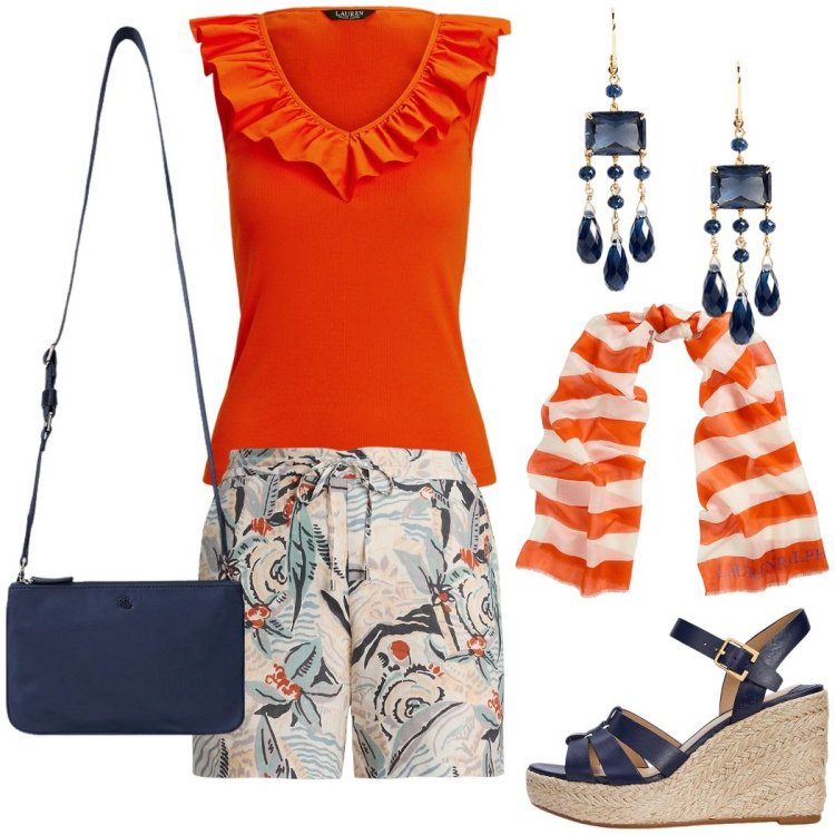 Outfit donna - Il rosso corallo che accende l\'estate. Stile Casual chic per Mare. Abbinamento con borse a tracolla, espadrillas, sciarpe, top, shorts, orecchini.
