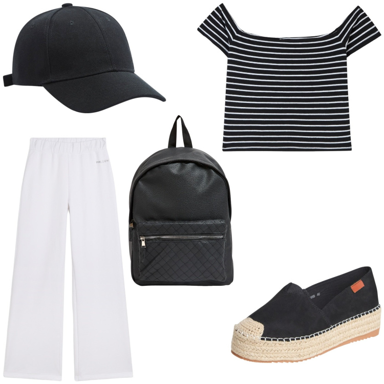 Outfit donna - In partenza , destinazione vacanze. Stile Casual per Tutti i giorni. Abbinamento con cappelli, t-shirt, espadrillas, zaini, pantaloni.