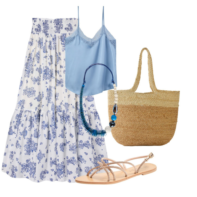 Outfit donna - Total look #2190168. Stile Boho per Tutti i giorni. Abbinamento con shopping bag, sandali, gonne lunghe, top, collane.