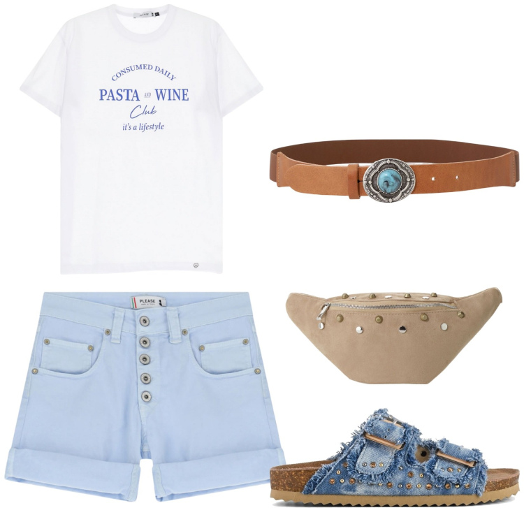 Outfit donna - Please Summer. Stile Basic per Mare. Abbinamento con t-shirt, shorts, marsupi, cinture, sandali.