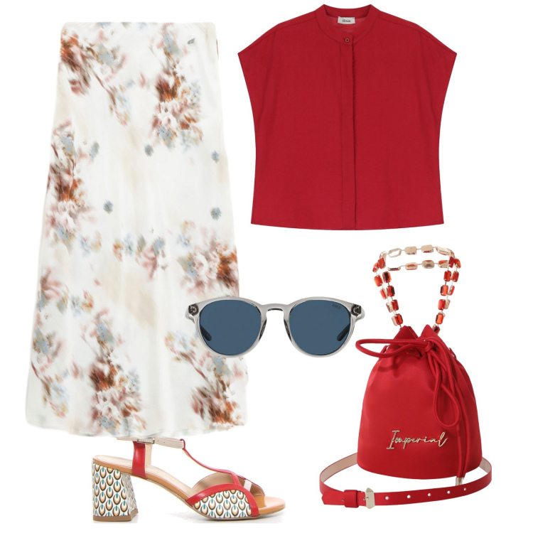 Outfit donna - Borsa a secchiello. Stile Romantica per Tutti i giorni. Abbinamento con borse a secchiello, gonne, camicie a manica corta, occhiali da sole, sandali col tacco.