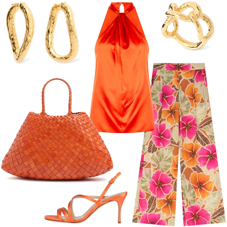 Outfit donna - Tanto colore per l\'estate. Stile Chic per Serata fuori. Abbinamento con sandali in pelle, pantaloni, top, anelli, borse a spalla, orecchini.