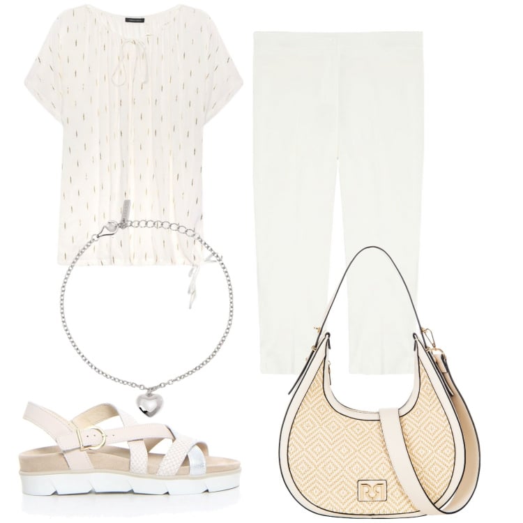 Outfit donna - Bianco curvy. Stile Basic per Tutti i giorni. Abbinamento con braccialetti con ciondoli, borse a mano, pantaloni, bluse, sandali.