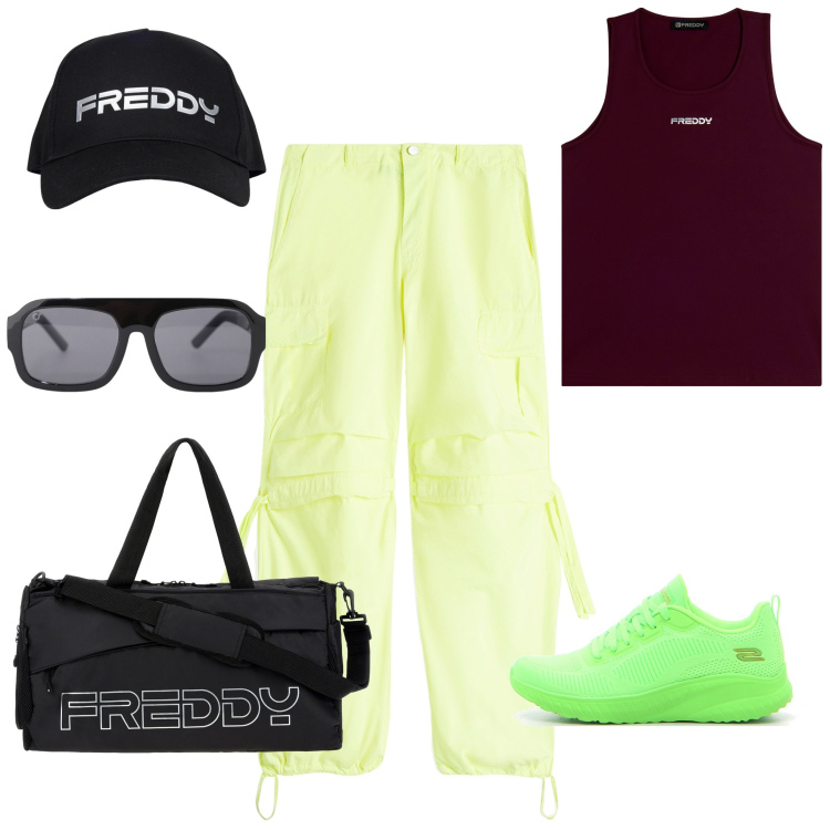 Outfit donna - Viaggio in verde. Stile Casual per Tutti i giorni. Abbinamento con occhiali da sole, borse sportive, pantaloni cargo, cappelli, canottiere, sneakers.