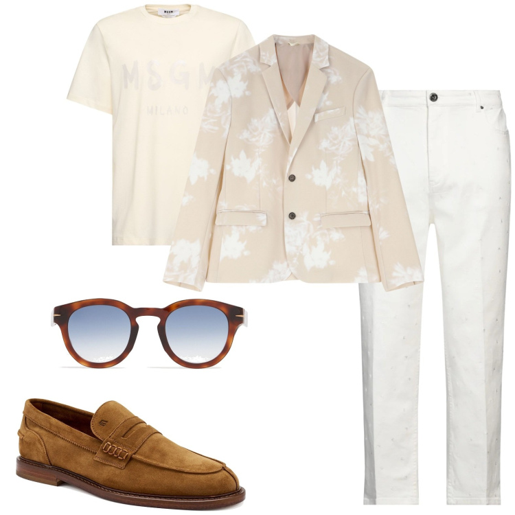 Outfit uomo - Giacca con stampa. Stile Trendy per Tutti i giorni. Abbinamento con pantaloni, giacche, occhiali da sole, t-shirt, scarpe stringate.