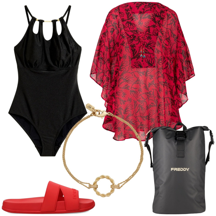Outfit donna - Primo giorno di mare. Stile Basic per Mare. Abbinamento con vestiti da spiaggia, costumi interi, ciabatte, borse sportive, braccialetti.