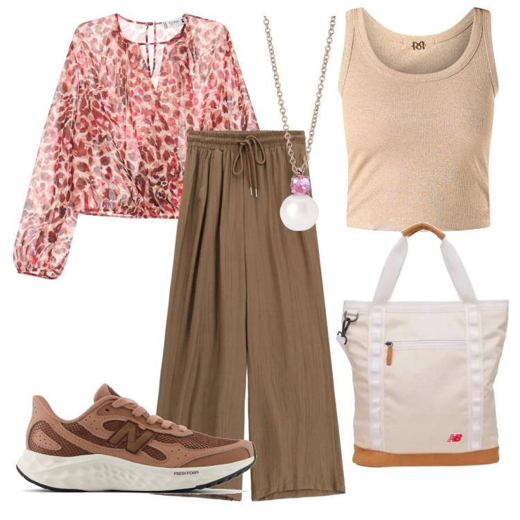 Outfit donna - Pronta per il viaggio. Stile Casual chic per Tutti i giorni. Abbinamento con pantaloni, collane, sneakers, shopping bag, canottiere, bluse.