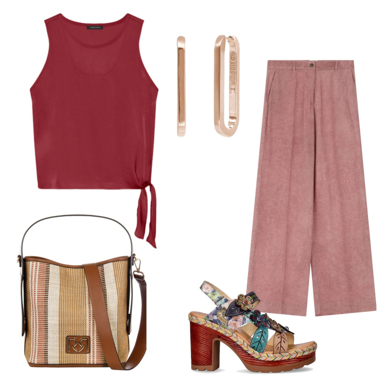 Outfit donna - Total look #2190189. Stile Casual per Tutti i giorni. Abbinamento con orecchini, borse a secchiello, pantaloni a palazzo, top, sandali col tacco.
