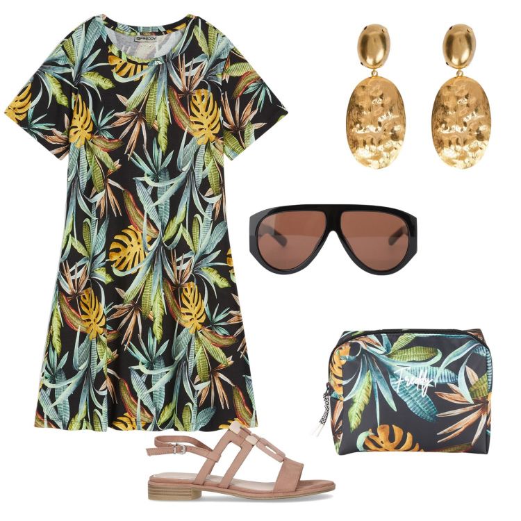 Outfit donna - Total look #2190195. Stile Casual per Tutti i giorni. Abbinamento con occhiali da sole, vestiti, valigie, sandali, orecchini.