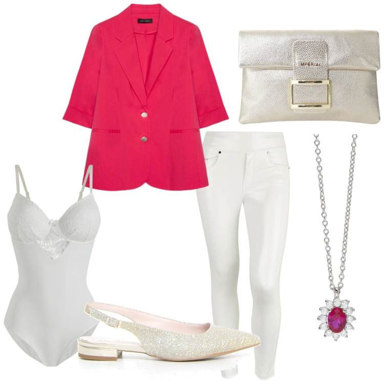 Outfit donna - Giacca corallo. Stile Casual chic per Serata fuori. Abbinamento con body, collane, pochette, pantaloni skinny, blazer, décolleté.