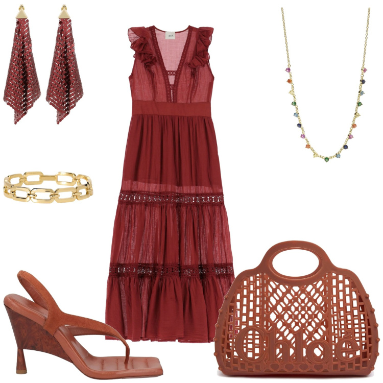 Outfit donna - Etnico chic. Stile Etnico per Tutti i giorni. Abbinamento con ciabatte, braccialetti, collane, vestiti lunghi, borse a mano, orecchini.