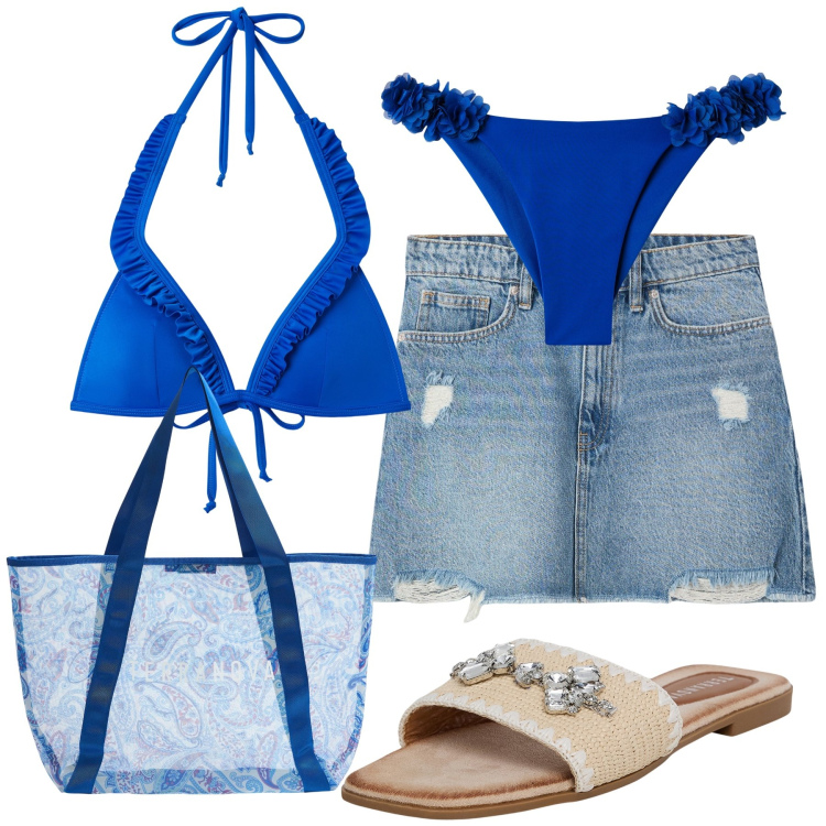 Outfit donna - Total look #2190201. Stile Casual per Mare. Abbinamento con ciabatte, minigonne, bikini, shopping bag, bikini.