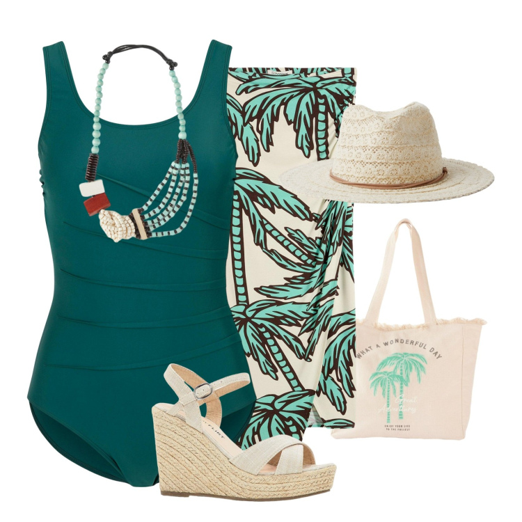 Outfit donna - Sole ti aspetta!. Stile Chic per Mare. Abbinamento con sandali, gonne, costumi interi, shopping bag, cappelli, collane.