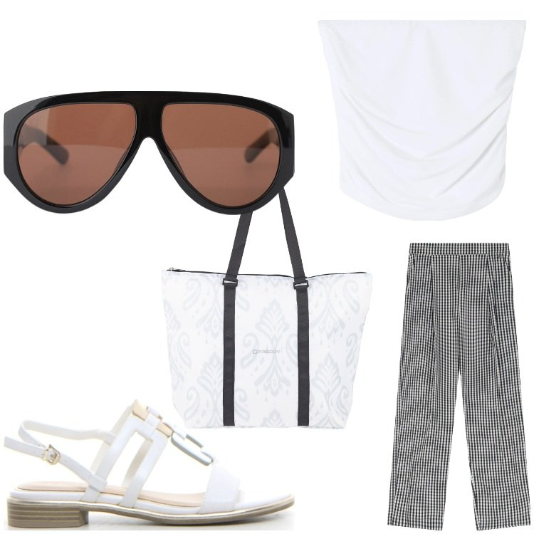 Outfit donna - verso la spiaggia. Stile Casual per Tutti i giorni. Abbinamento con top, occhiali da sole, shopping bag, pantaloni, sandali.