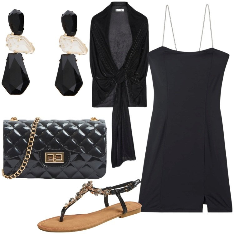 Outfit donna - Golden black. Stile Chic per Serata fuori. Abbinamento con borse a tracolla, vestiti corti, sandali gioiello, orecchini, bolero.