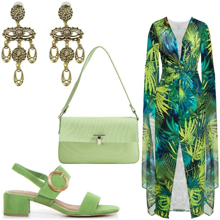 Outfit donna - Lime. Stile Boho per Serata fuori. Abbinamento con vestiti, borse a spalla, orecchini, sandali col tacco.