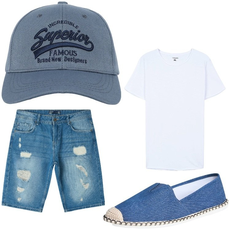 Outfit uomo - Summer jeans. Stile Casual per Tutti i giorni. Abbinamento con espadrillas, cappelli con visiera, t-shirt, shorts.