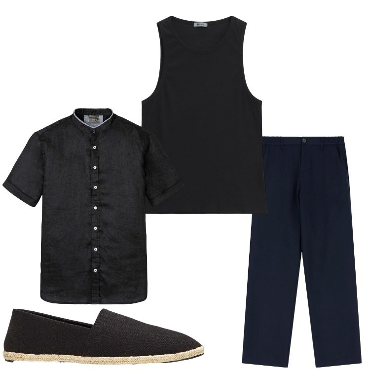 Outfit uomo - Nero. Stile Casual per Tutti i giorni. Abbinamento con camicie a manica corta, espadrillas, pantaloni, canottiere.