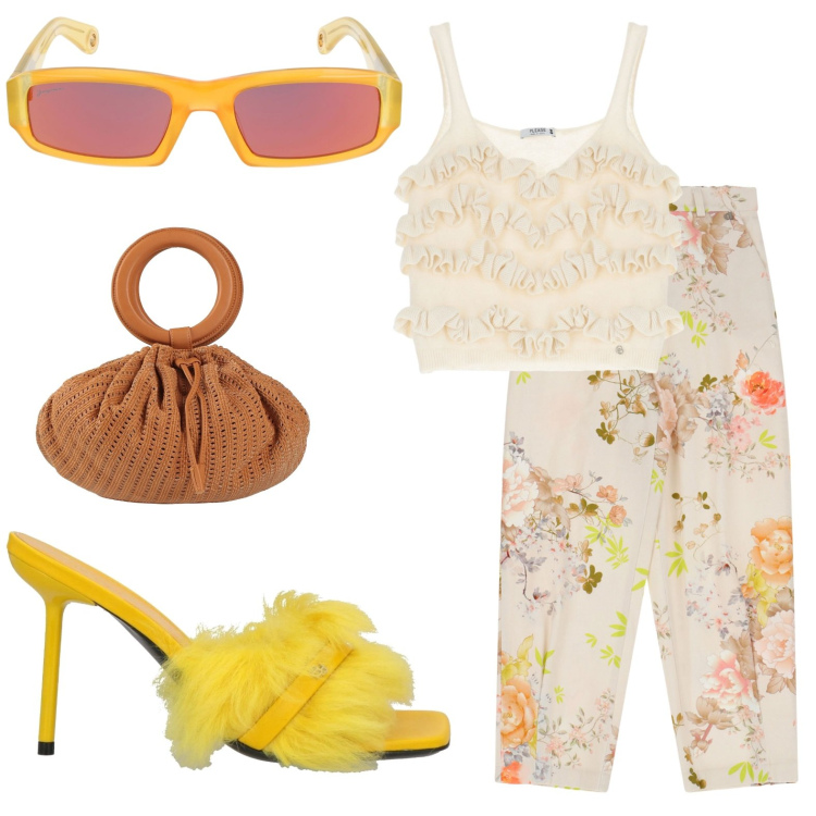 Outfit donna - Sandalo giallo con piume. Stile Vintage retrò per Mare. Abbinamento con borse a secchiello, sandali in pelle, top, pantaloni chino, occhiali da sole.