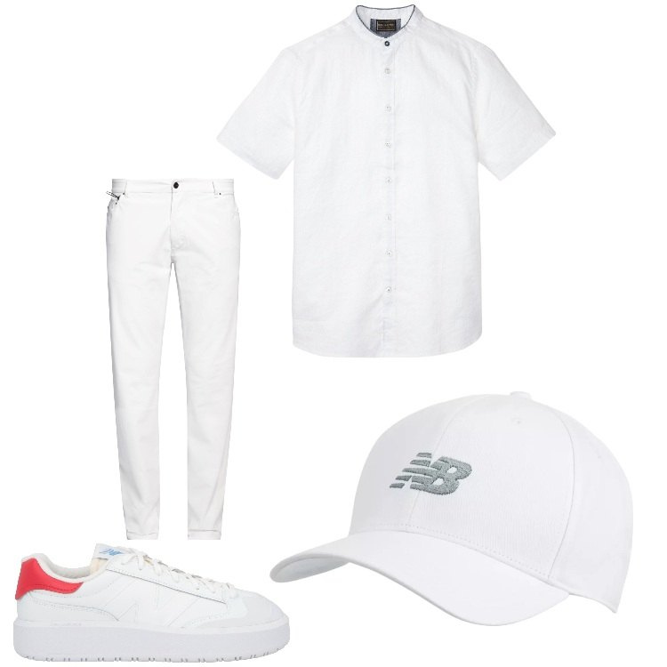 Outfit uomo - Bianco per me. Stile Casual per Tutti i giorni. Abbinamento con camicie a manica corta, pantaloni, sneakers, cappelli con visiera.
