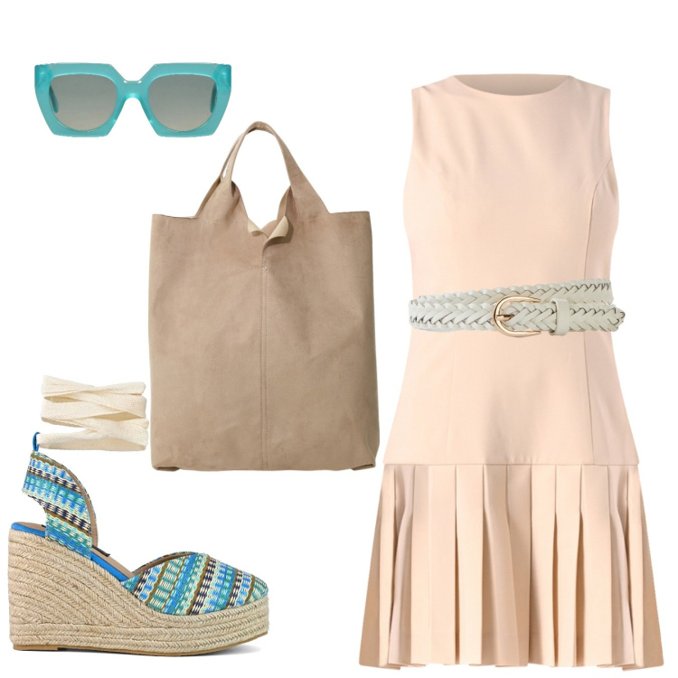 Outfit donna - Intrecci. Stile Boho per Tutti i giorni. Abbinamento con cinture, occhiali da sole, vestiti corti, shopping bag, zeppe.