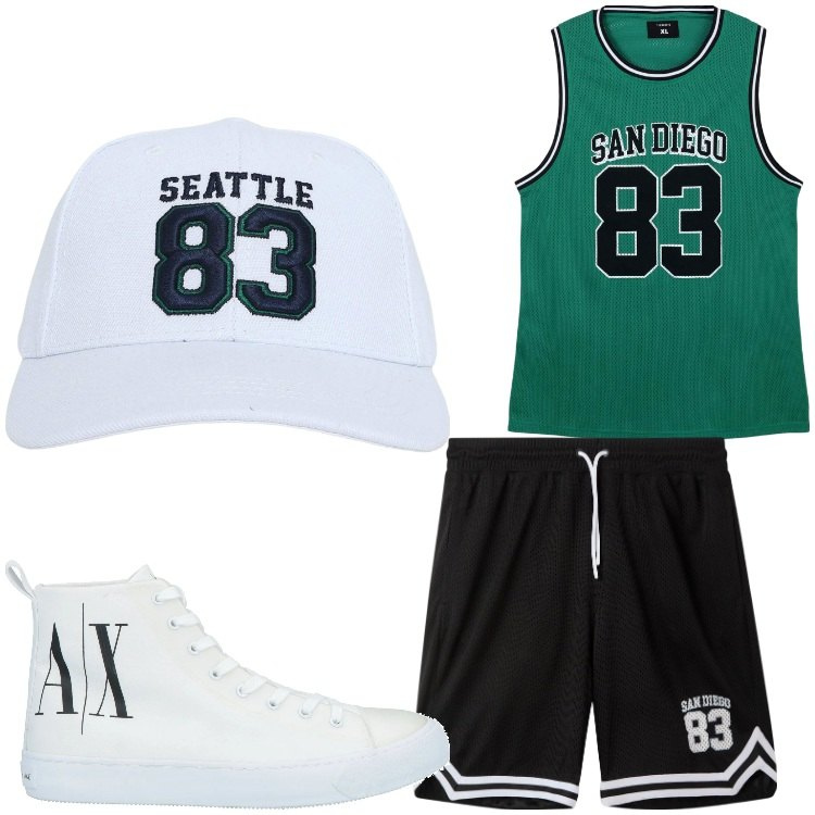 Outfit uomo - Nr. 83. Stile Casual per Sport. Abbinamento con sneakers alte, cappelli, pantaloncini sportivi, t-shirt sportive.