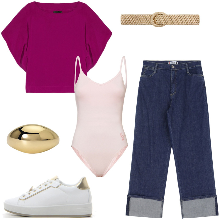 Outfit donna - Sportivamente. Stile Casual per Tutti i giorni. Abbinamento con cinture, anelli, jeans, body, sneakers, bluse.