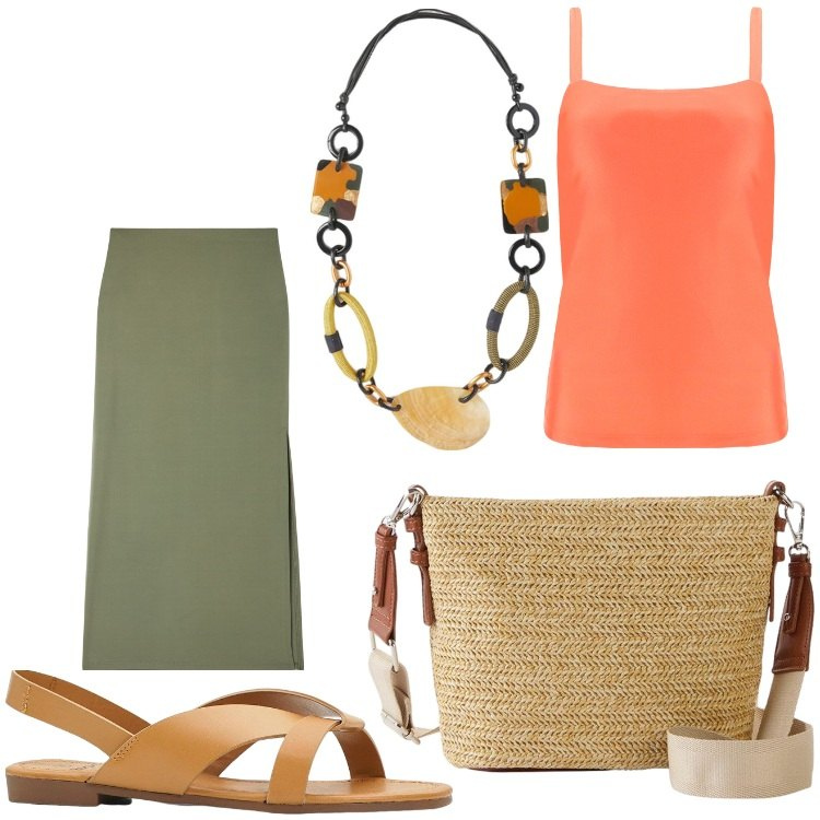 Outfit donna - Bella e semplice. Stile Casual chic per Tutti i giorni. Abbinamento con borse a tracolla, sandali, gonne lunghe, canottiere, collane.