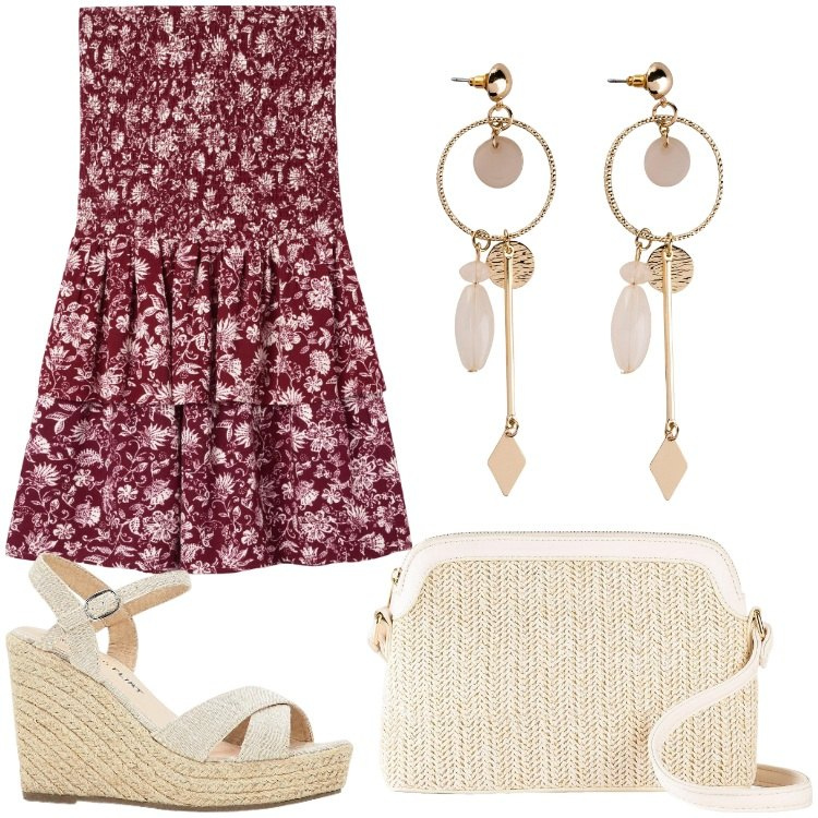 Outfit donna - Estate. Stile Boho per Serata fuori. Abbinamento con orecchini, sandali, borse a tracolla, vestiti corti.