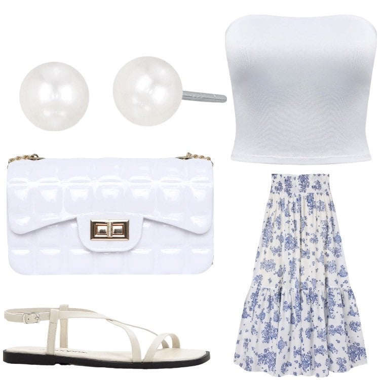 Outfit donna - Perle. Stile Boho per Serata fuori. Abbinamento con sandali, orecchini, gonne lunghe, top, borse a tracolla.