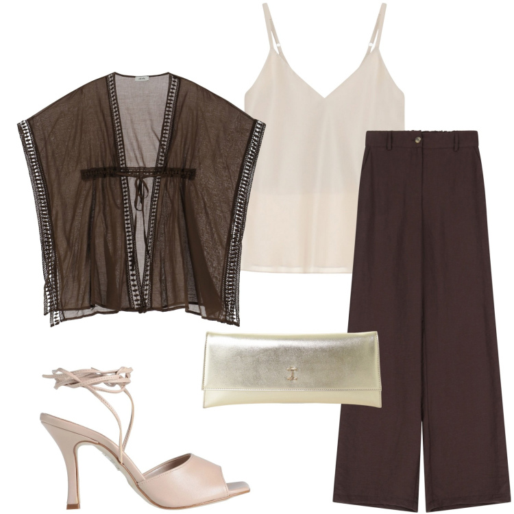 Outfit donna - In città. Stile Glamour per Serata fuori. Abbinamento con sandali col tacco, pochette, gilet, pantaloni, top.