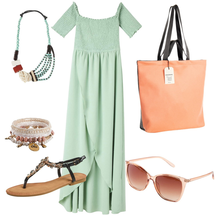 Outfit donna - Peach and mint. Stile Boho per Mare. Abbinamento con braccialetti, occhiali da sole, vestiti lunghi, sandali gioiello, borse tote, collane.