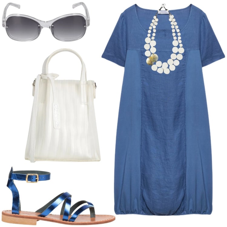 Outfit donna - In città. Stile Casual chic per Ufficio. Abbinamento con infradito, borse a mano, vestiti midi/longuette, ciondoli, occhiali da sole.