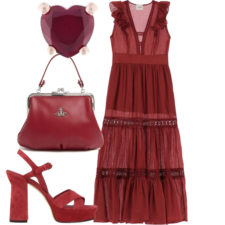Outfit donna - Rosso india. Stile Boho per Serata fuori. Abbinamento con sandali in pelle, vestiti lunghi, orecchini, borse a mano.