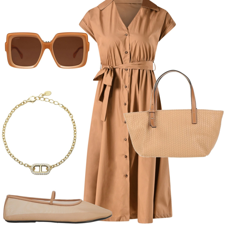 Outfit donna - In città. Stile Casual chic per Tutti i giorni. Abbinamento con ballerine, occhiali da sole, borse a mano, braccialetti, vestiti chemisier.