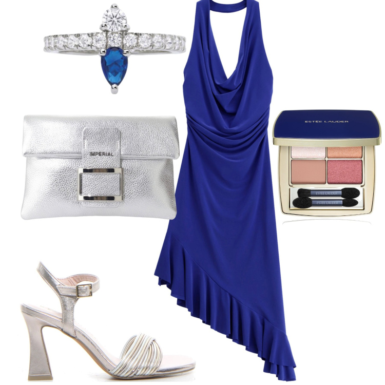 Outfit donna - Serata. Stile Chic per Serata fuori. Abbinamento con ombretti, anelli, vestiti asimmetrici, pochette, sandali col tacco.