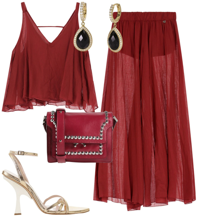 Outfit donna - Burgundy. Stile Chic per Serata fuori. Abbinamento con borse a tracolla, orecchini, sandali col tacco, top, pantaloni.