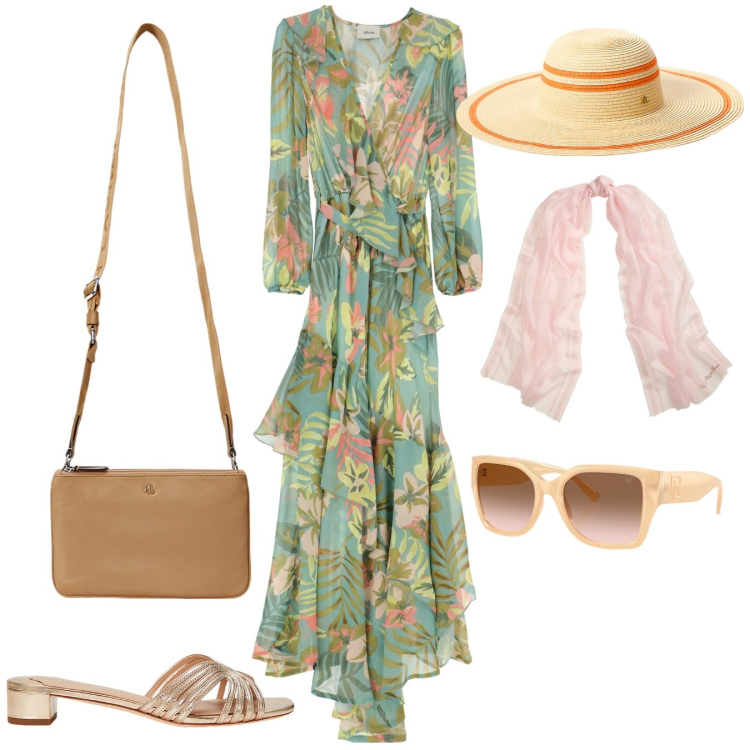Outfit donna - Passeggiare a Positano. Stile Romantica per Serata fuori. Abbinamento con vestiti lunghi, occhiali da sole, sandali in pelle, borse a tracolla, sciarpe, cappelli.