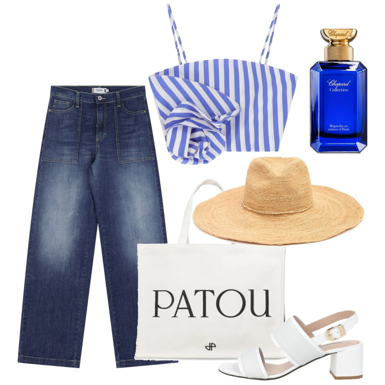 Outfit donna - Giugno. Stile Chic per Tutti i giorni. Abbinamento con sandali in pelle, profumi, jeans, canottiere, shopping bag, cappelli.