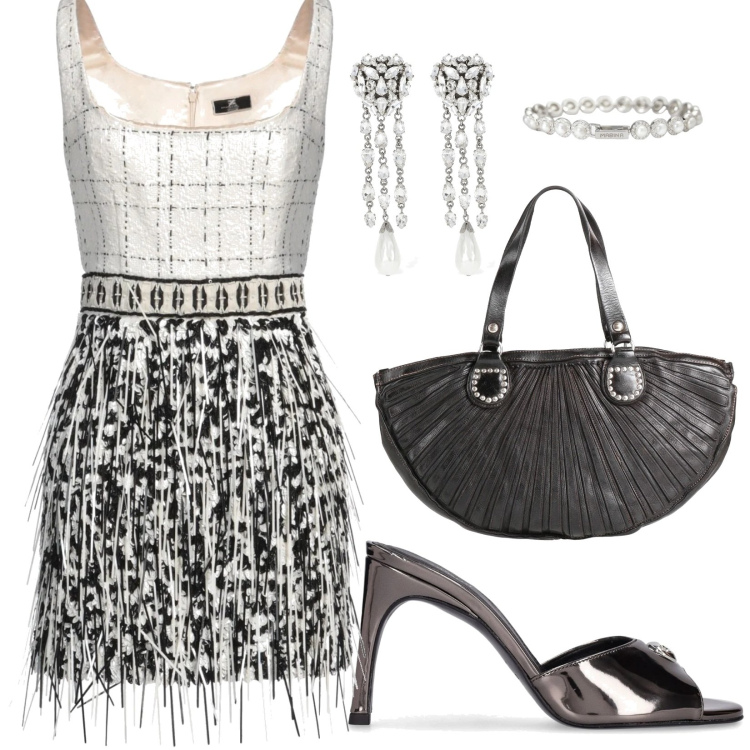 Outfit donna - Abito protagonista per cerimonia. Stile Glamour per Cerimonia. Abbinamento con vestiti corti, borse a mano, braccialetti, pantofole, orecchini.