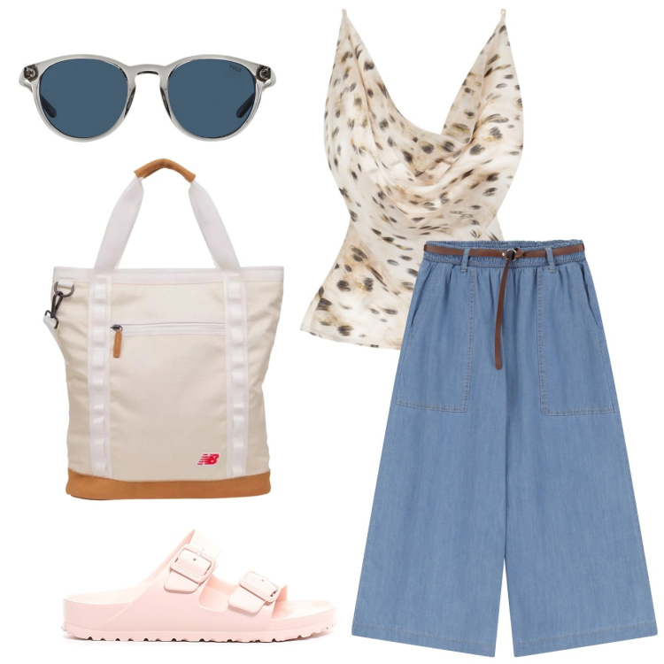 Outfit donna - Direzione mare. Stile Casual chic per Mare. Abbinamento con shopping bag, jeans, top, occhiali da sole, ciabatte.