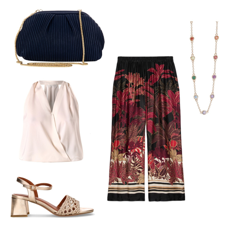 Outfit donna - Cena fra donne?. Stile Casual chic per Serata fuori. Abbinamento con collane, top, pochette, pantaloni, sandali col tacco.