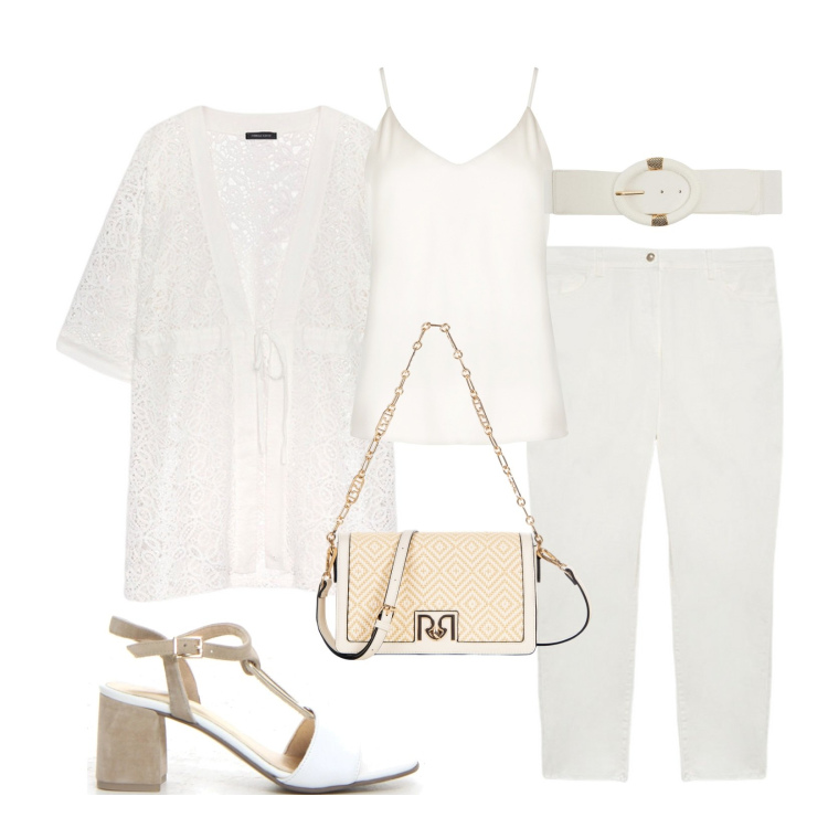 Outfit donna - Bianco d\'estate!. Stile Casual chic per Serata fuori. Abbinamento con cinture, top, borse a tracolla, blazer, pantaloni skinny, sandali col tacco.