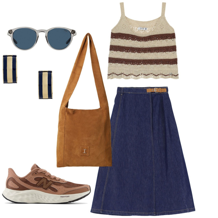 Outfit donna - Camminare in libertà. Denim e Please. Stile Casual chic per Tutti i giorni. Abbinamento con sneakers, gonne lunghe, top, borse a tracolla, occhiali da sole, orecchini.