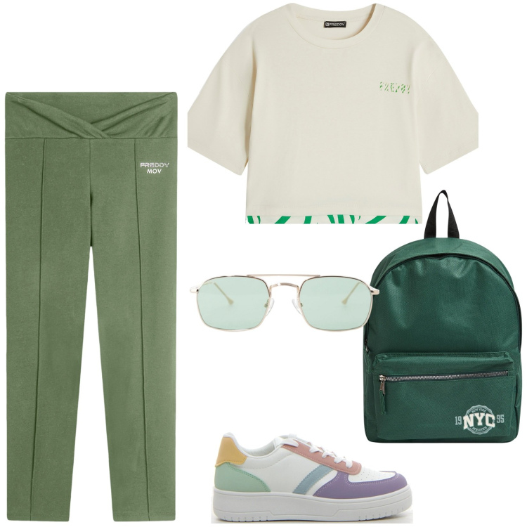 Outfit donna - Gita in collina. Stile Casual per Tutti i giorni. Abbinamento con zaini, occhiali da sole, pantaloni sportivi, t-shirt sportive, sneakers.