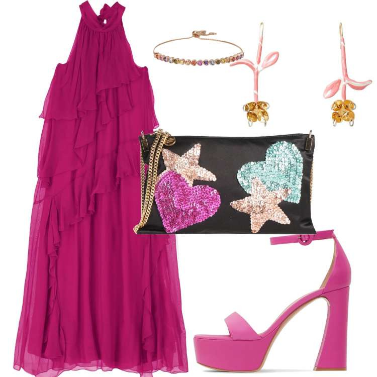 Outfit donna - I colori glamour. Stile Glamour per Serata fuori. Abbinamento con orecchini, borse a tracolla, braccialetti, vestiti lunghi, sandali in pelle.