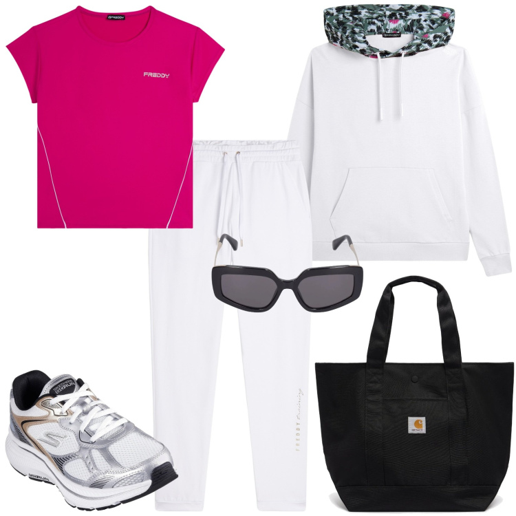 Outfit donna - Gita in montagna. Stile Casual per Tutti i giorni. Abbinamento con felpe sportive, t-shirt sportive, pantaloni sportivi, occhiali da sole, borse tote, scarpe sportive.