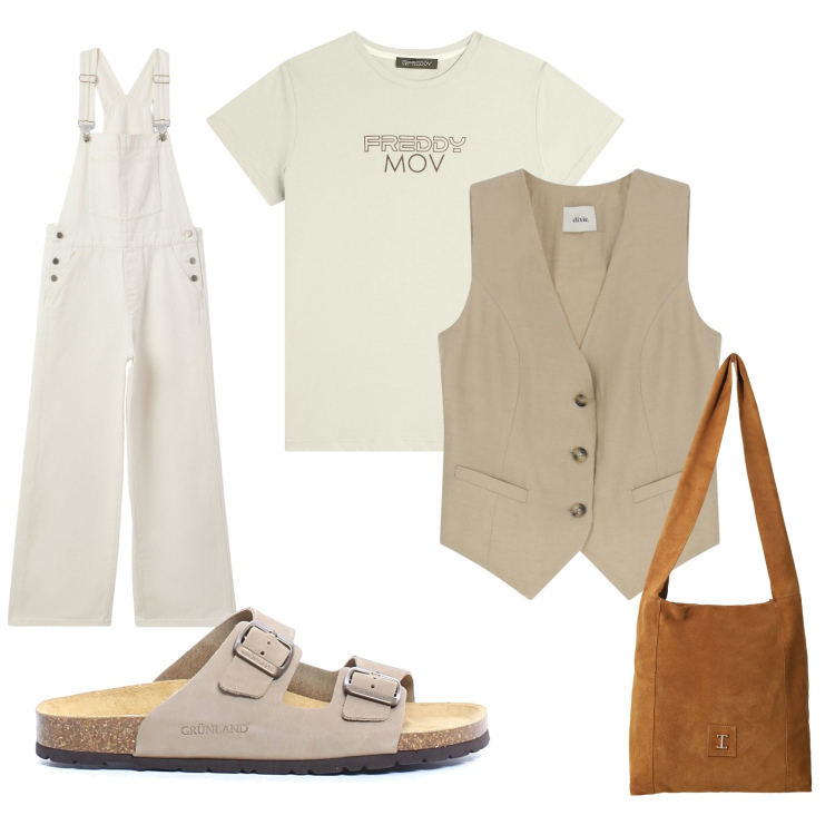 Outfit donna - Total look #2190358. Stile Casual per Tutti i giorni. Abbinamento con salopette, borse a tracolla, gilet, t-shirt, ciabatte.