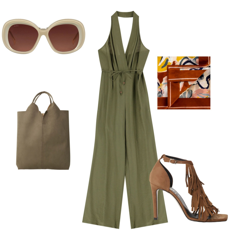 Outfit donna - Aperitivo time!!. Stile Casual chic per Serata fuori. Abbinamento con occhiali da sole, foulard, tute, décolleté, shopping bag.